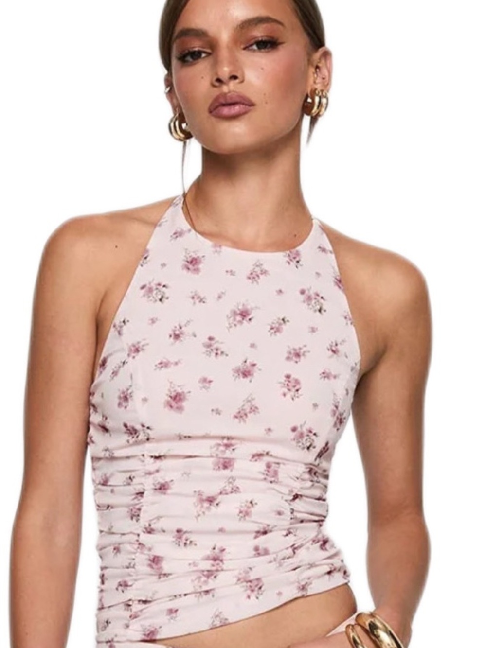 Princess Polly Pink Floral Ruched Halter Top Smocked Back Y2K Romantic Size 8